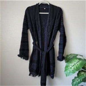 Knit Fringe Navy Black Boho Longline Belted Cardigan XS